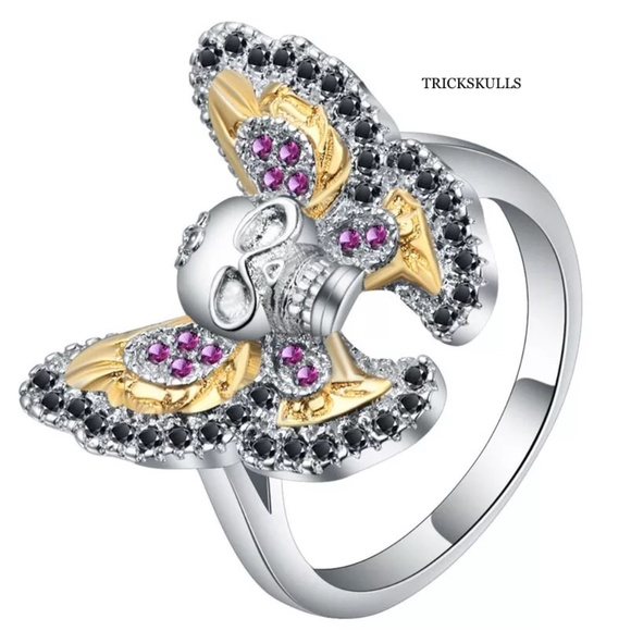 Butterfly Skull Multicolor Lab Gem Stone Pave Ring Glam Punk Size 6 7 8 9 New! - Picture 6 of 6